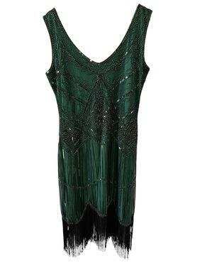 Fundaisy Emerald and Ebony Beaded Midi Dress large